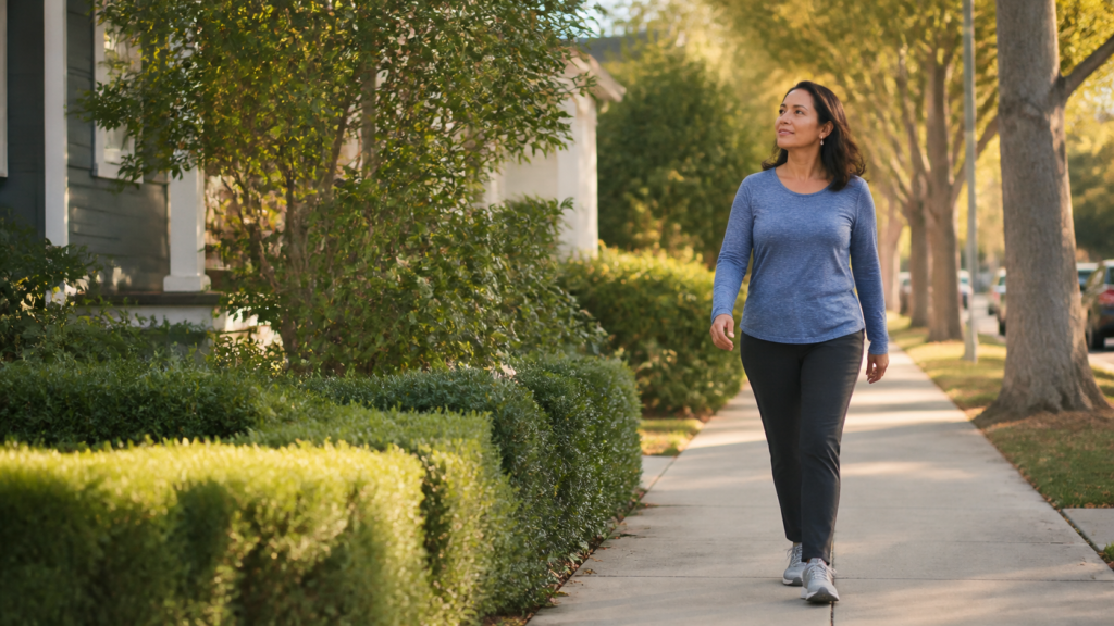 Woman taking a gentle 10-minute walk on a tree-lined neighborhood sidewalk after a meal