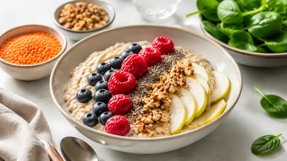 High-fiber breakfast bowl with oatmeal, berries, chia seeds, pear slices, walnuts, lentils, and spinach